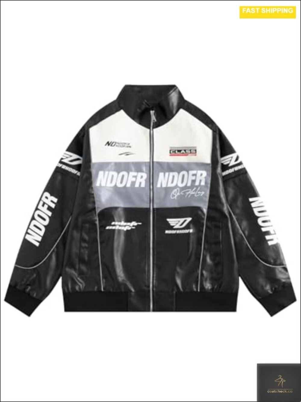 Men's Oversized Racing Car Faux Leather Bomber Jacket with Full Zip